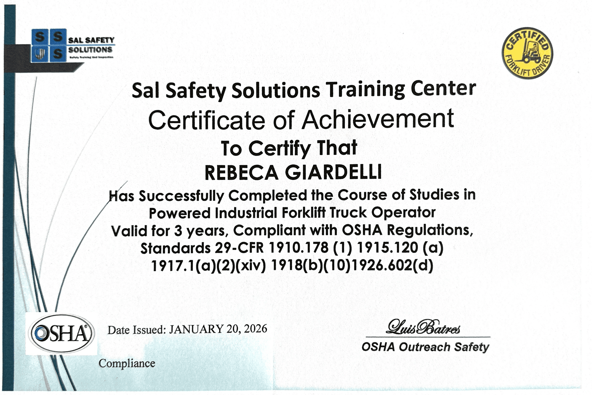Becky Giardelli forklift certificate