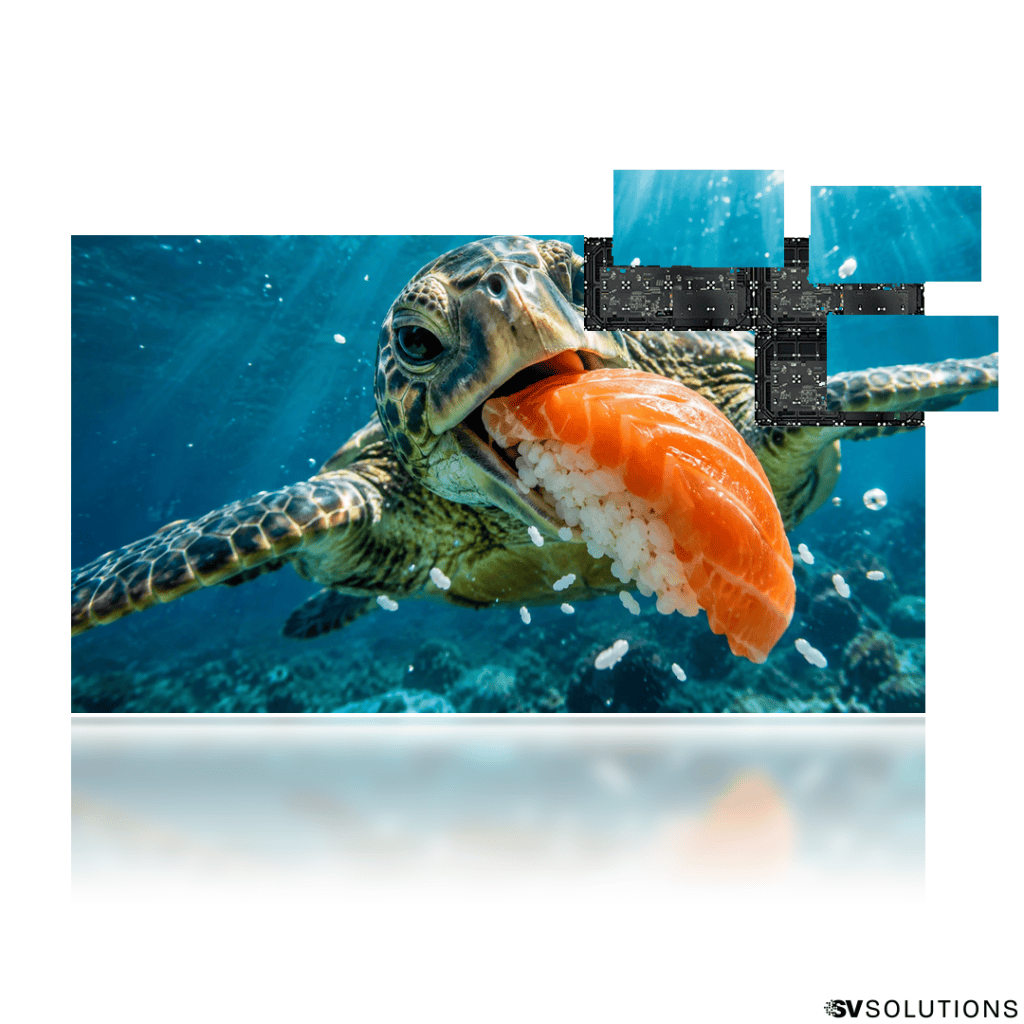 108″ Absen KLCOB Lite LED video wall bundle showing a sea turtle biting a salmon nigiri, with modules pulled out of the screen