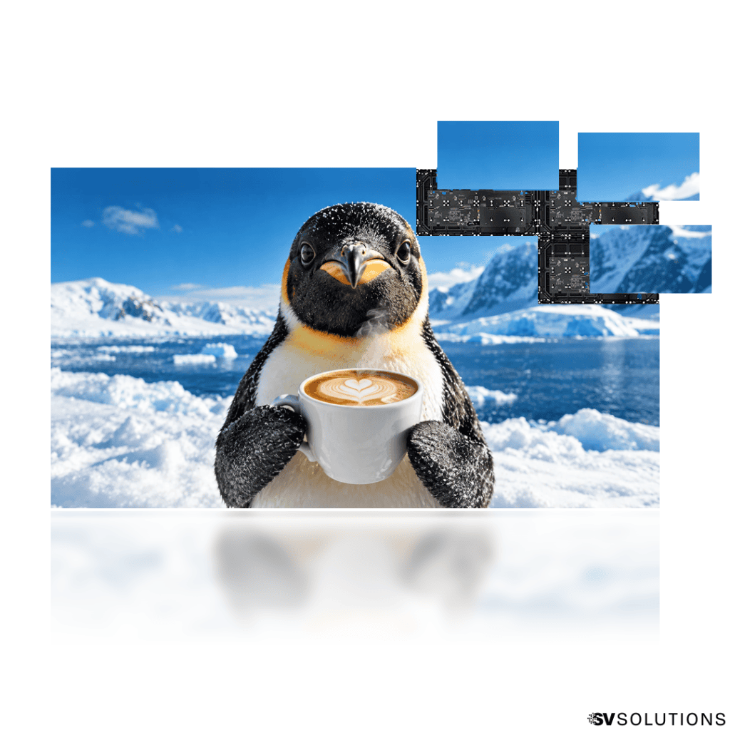 136″ Absen KLCOB Lite LED video wall bundle showing a penguin holding a latte in Antarctica, with modules pulled out of the screen
