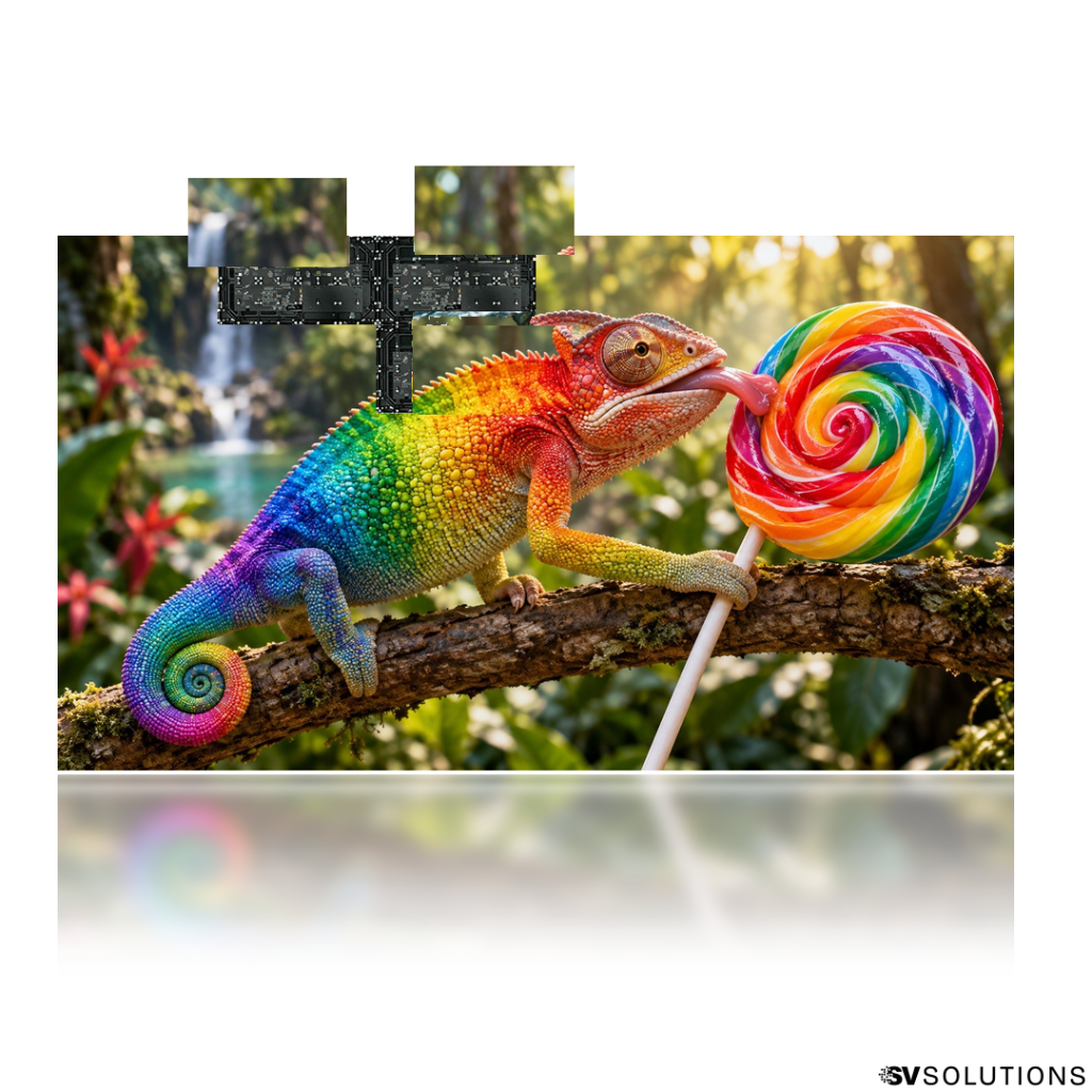 163″ Absen KLCOB Lite LED video wall bundle showing a rainbow chameleon licking a giant lollipop, with modules pulled out of the screen