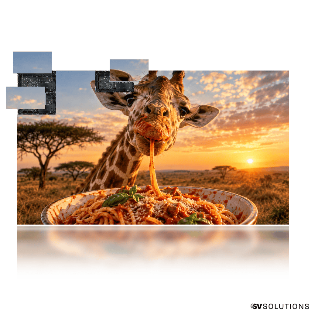 190″ Absen KLCOB Lite LED video wall bundle showing a giraffe slurping spaghetti at sunset, with modules pulled out of the screen
