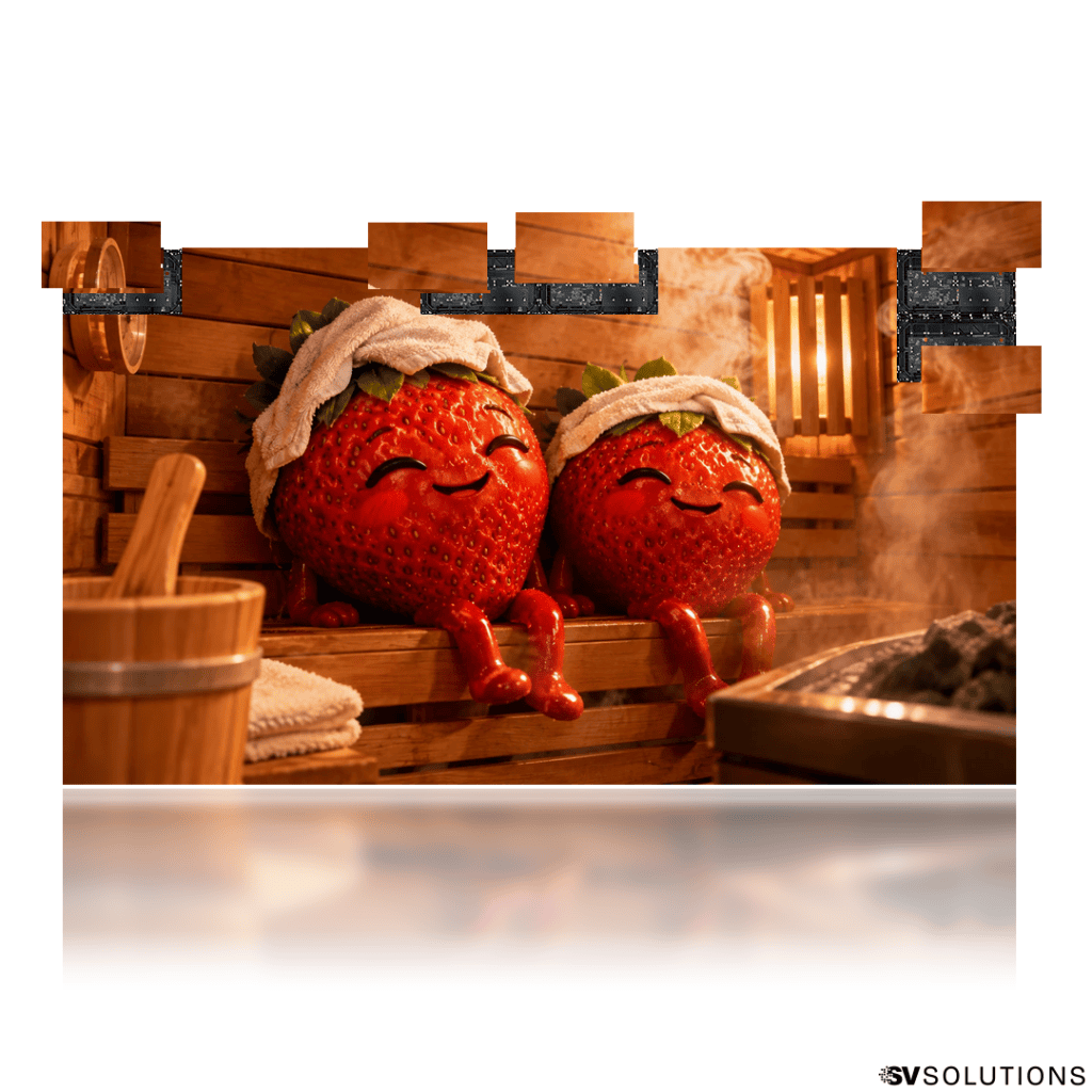 217″ Absen KLCOB Lite LED video wall bundle showing a two smiling strawberries relaxing in a sauna, with modules pulled out of the screen