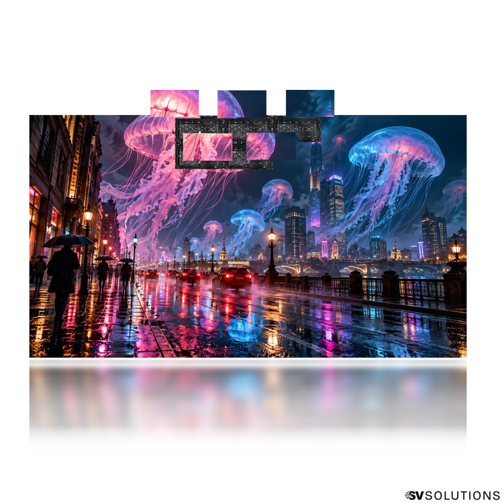 244″ Absen KLCOB Lite LED video wall bundle showing a glowing jellyfish floating over a neon city, with modules pulled out of the screen