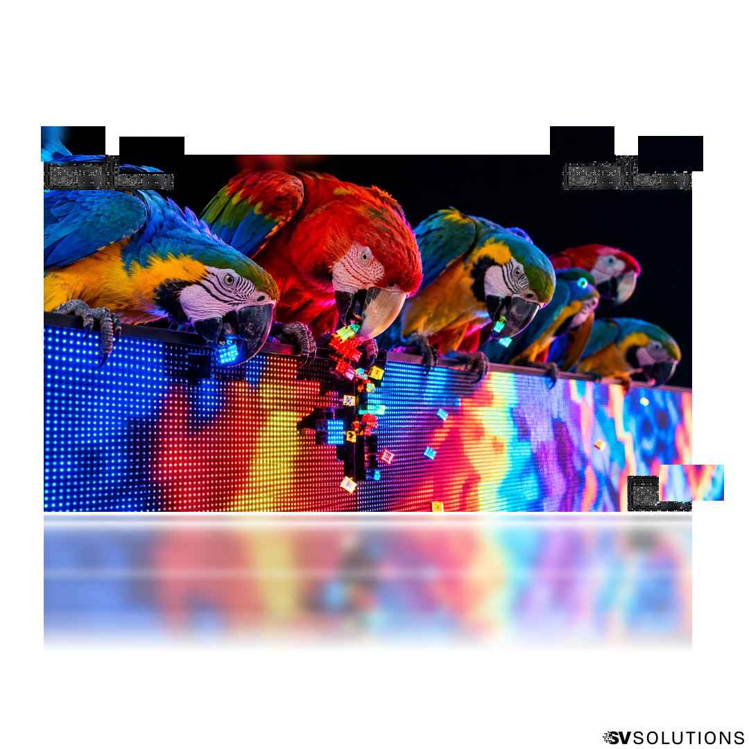 271″ Absen KLCOB Lite LED video wall bundle showing a colorful macaws pecking pixels off an LED wall, with modules pulled out of the screen